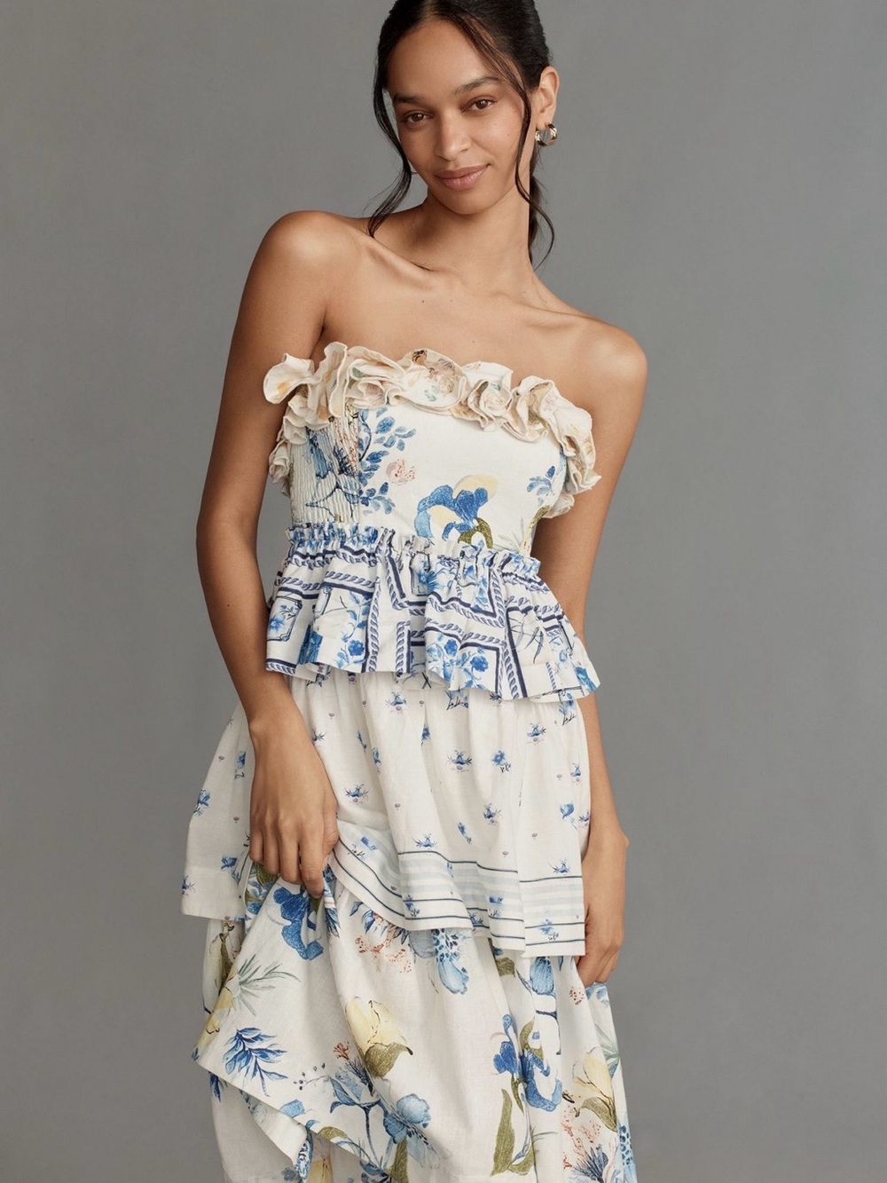 Maeve Strapless Floral Peplum Maxi Dress - White, Blue & Cream